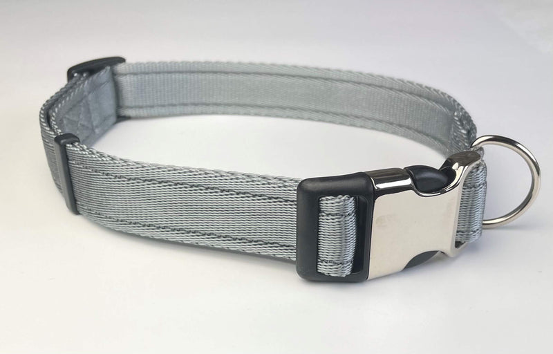 KLASSY K9 DOG COLLAR SILVER GREY WEBBING LARGE 1" WIDE WITH CHROME AND BLACK QUICK RELEASE FASTENER - PawsPlanet Australia