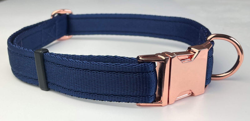 KLASSY K9 DOG COLLAR NAVY BLUE WEBBING WITH ROSE GOLD LARGE 1" WIDE - PawsPlanet Australia