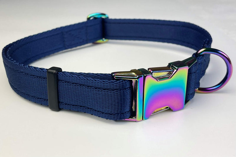 KLASSY K9 DOG COLLAR NAVY BLUE WEBBING WITH RAINBOW FASTENER LARGE 1" WIDE - PawsPlanet Australia