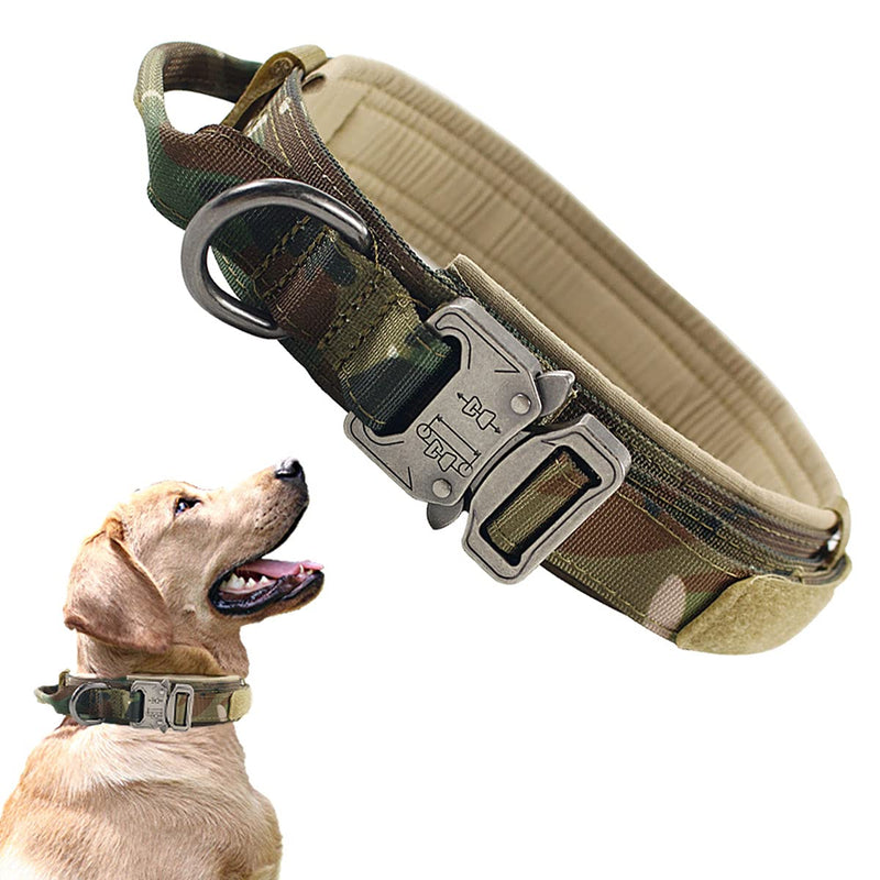 VOLJEE Adjustable Tactical Dog Collar, Military Training Dog Collar 1.5" Width Nylon Heavy Duty Metal Buckle with Handle for Medium and Large Dogs (Camo-L) L Camo - PawsPlanet Australia
