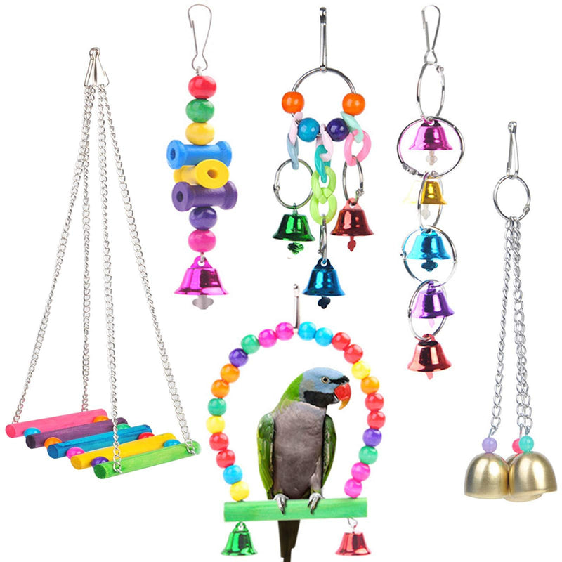 Bird Parrot Toys, 6PCS Colourful Pet Bird Toys,Bird Hanging Bell Toy, Wooden Hanging Stand Bird Swing Chewing Toys, for Cockatiel Parakeet Macaws Lovebirds Small Medium Birds - PawsPlanet Australia