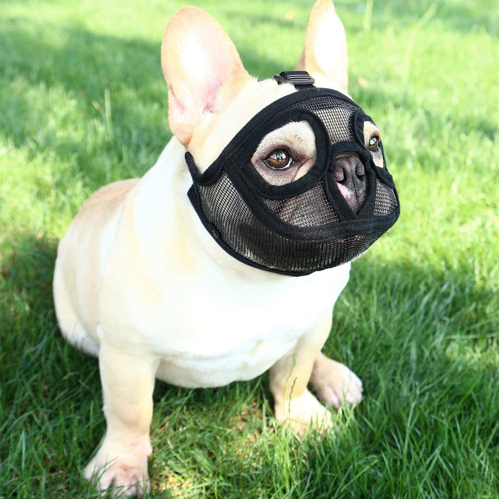 Short Snout Dog Muzzle Breathable Mesh Bulldog Muzzle Adjustable Dog Mouth Cover British French Bulldog Muzzle with Flattened to Prevent Biting Barking Chewing Dog Muzzle for Small Medium Large Dogs XS(28-36cm) Black - PawsPlanet Australia