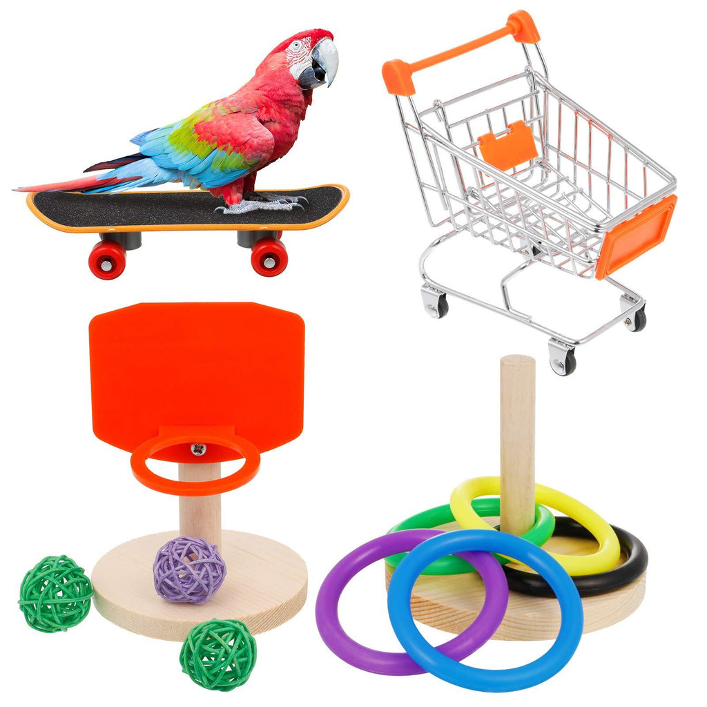 AKlamater Bird Training Toy Set, 4 Pcs Parrots Intelligence Toy Mini Shopping Cart Basketball Stacking Ring Skateboard for Budgies Cockatiel Parakeet - PawsPlanet Australia