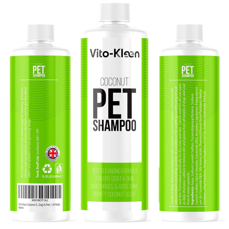 Vito-Kleen Coconut Dog Shampoo & Conditioner In One |Professional Grooming | 450ML| Conditioning & Aloe Extracts Prevent Dandruff | Extra Mild For Daily Use | For Smelly, Itchy, Dogs & Pets | UK Made - PawsPlanet Australia