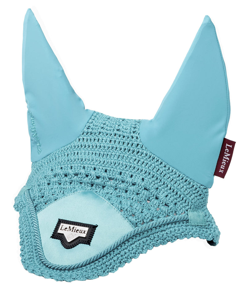 LeMieux Loire Horse Fly Hood in Azure - Stylish Hand Knitted Crotchet - Soft Stretchy Comfortable Lycra Ears Luxurious Satin Front Fly Protection Mask M - PawsPlanet Australia