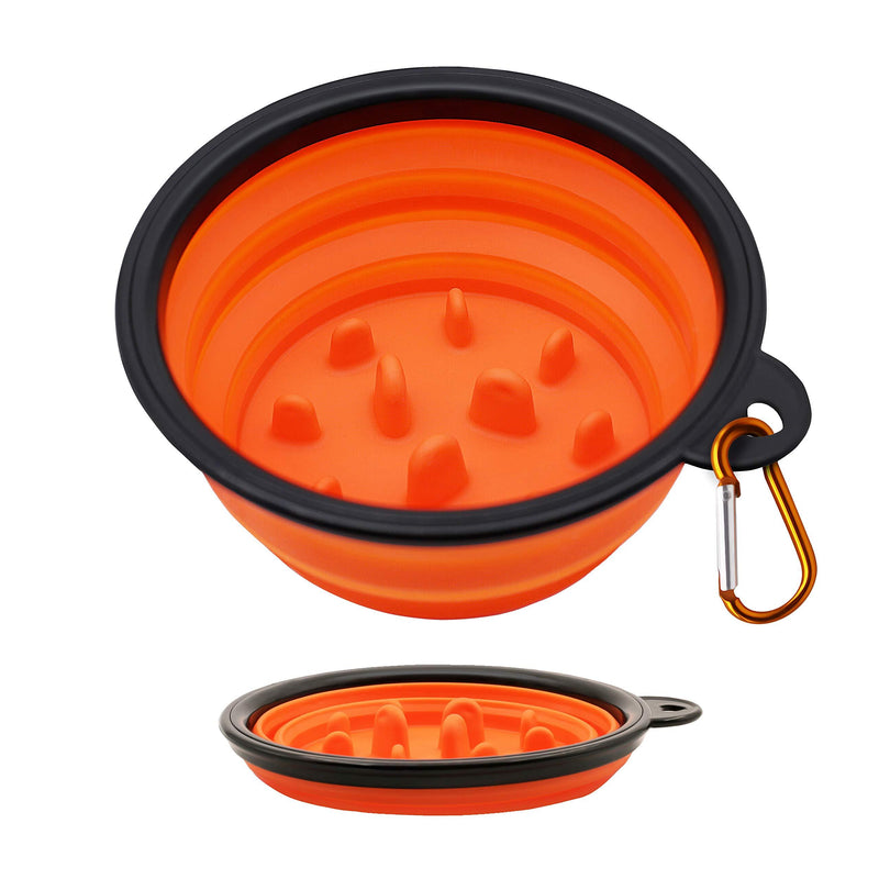 Collapsible Slow Feeder Dog Bowl, Orange Silicone Bowl to Slow Down Eating and Drinking for Reduced Gulping and Better Digestion, Outdoor and Indoor Use With Carabiner Clip for Travelling - PawsPlanet Australia