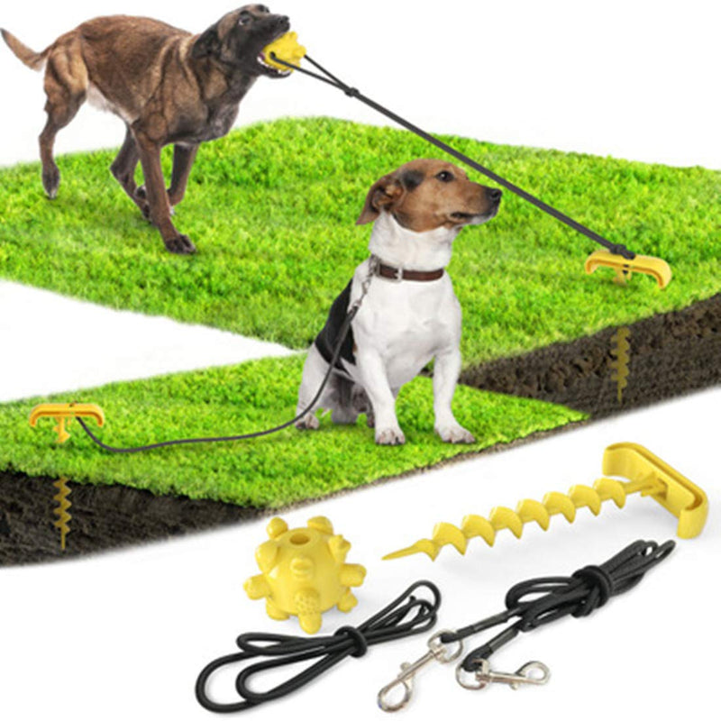 DUJIAOSHOU Dog Spike Stake in Ground?Dog Tie Out Cable and Stake, Dog Lead Leash Sturdy Spiral Ground Anchor with Dog Chew Molar Ball Toy (Yellow) Yellow - PawsPlanet Australia