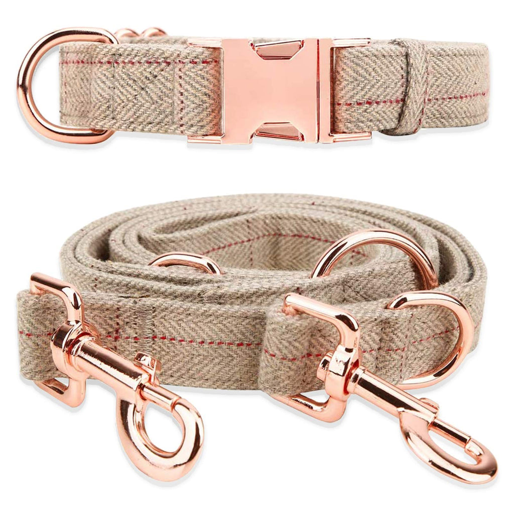 Rose Gold Dog Collar and Lead(2m) Set | Exceptionally Elegant & Adjustable | 3 Adjustable Lengths Dog Leash | Soft and Easy to Clean(Beige;L(15.7"-25.6")) Beige;L(15.7"-25.6") - PawsPlanet Australia