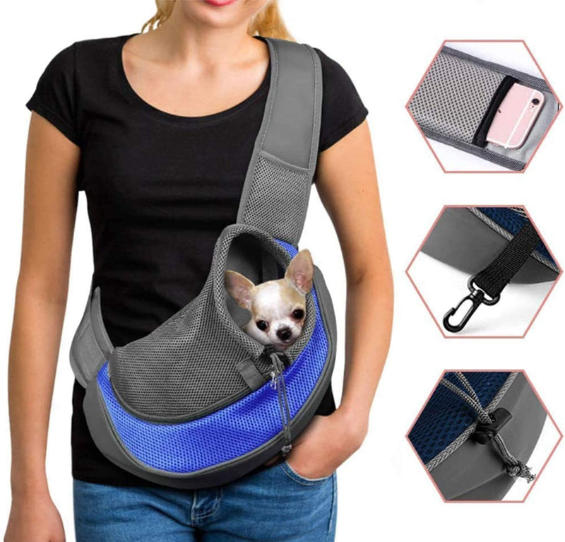 Pet Carrier Sling Breathable Mesh Hand Free Shoulder Tote Bag for Dog Cat Puppy Doggy Small Animals Below 10lb Adjustable Padded Shoulder Strap with Front Pocket Dog Carry for Outdoor Walking Travel Blue+Grey - PawsPlanet Australia