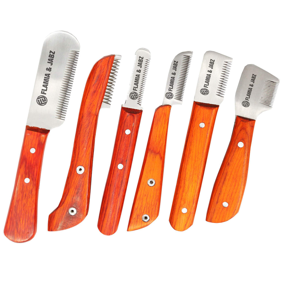 FLAMIA & JABZ Professional Stripping Knife kit (6 pieces set) for Dogs & Pets, Wooden Handle Grip with Stainless Steel Blade (Right handed) (Orange) Orange - PawsPlanet Australia