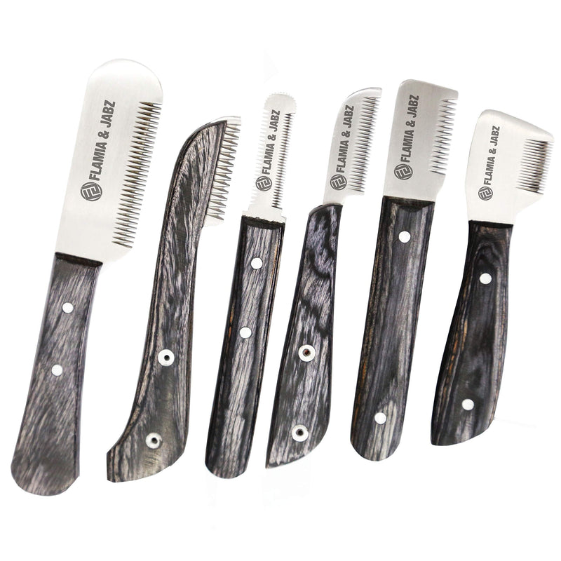 FLAMIA & JABZ Professional Stripping Knife kit (6 pieces set) for Dogs & Pets, Wooden Handle Grip with Stainless Steel Blade (Right handed) (Black) Black - PawsPlanet Australia