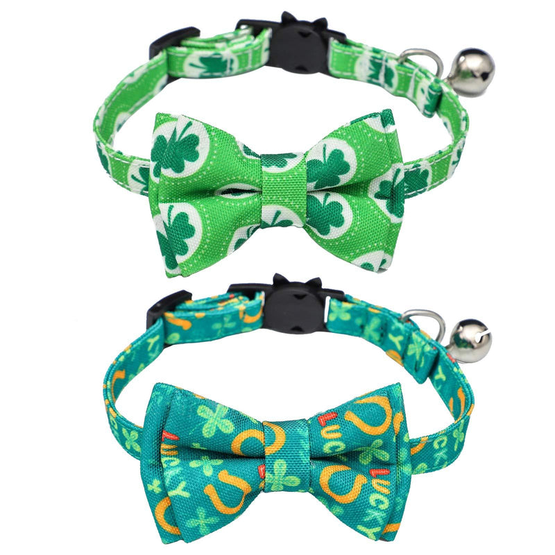 WANDIC St. Patrick's Day Pet Collar, 2Pcs Breakaway Bow-Knot Tie Decoration Blue Green Cute Print St. Patrick's Day Four Leaf Clover Pattern Moveable Button with Bell - PawsPlanet Australia