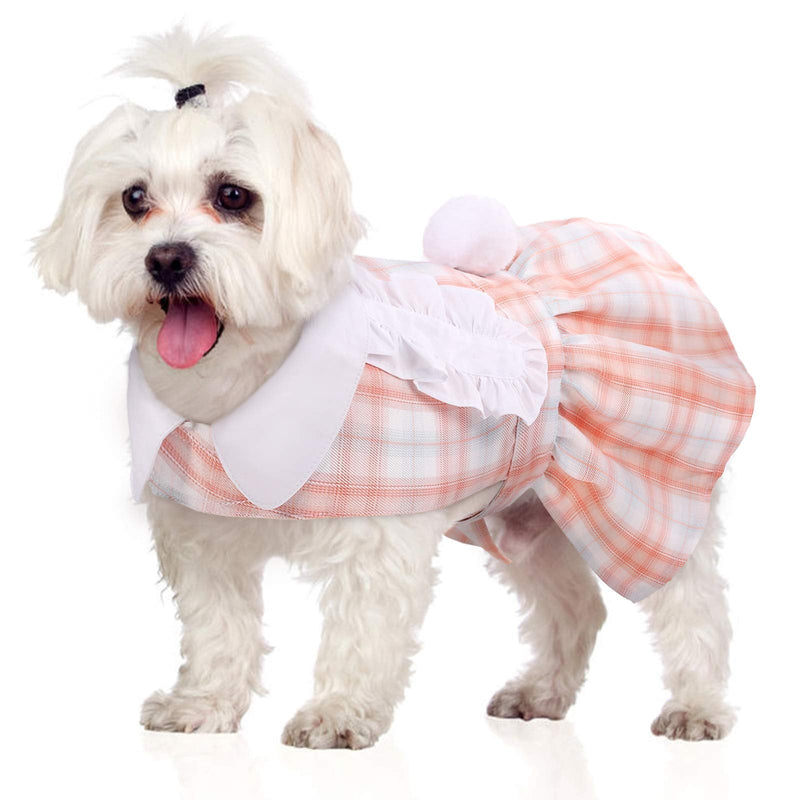 Kuoser Dog Plaid Dress, Puppy Tutu Skirt with Plush Ball & Flying Rabbit Ears, Cute Pet Shirt Summer Clothes Girl Wedding Dress with Leash Hole for Small & Medium Dogs XXS---Chest Girth: 11-13.8" Orange - PawsPlanet Australia