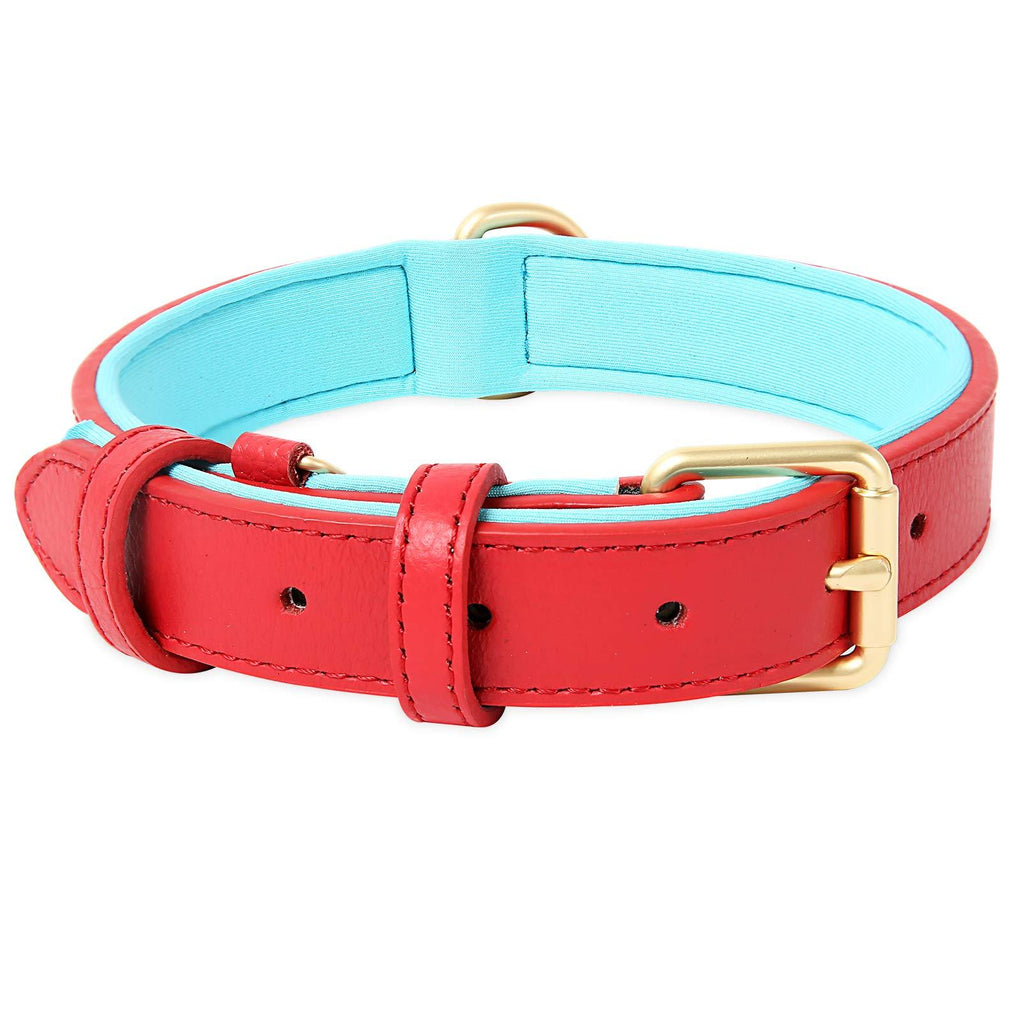 HEELE Dog Collar Genuine Leather Soft Padded Classic Dog Collars for Small Medium Large Dogs, Red, M M: Neck 39-49cm, Width 2.5cm - PawsPlanet Australia