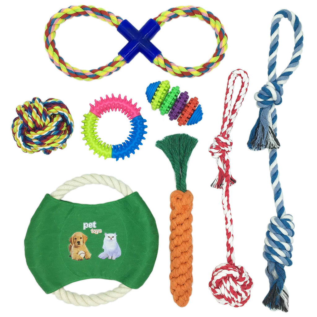 Dog Rope Toys Set, 8 Pieces of Pet Chew Rope Toys Including Rope ball, Candy Hug, 8 shape rope, Frisbee, Large hug with ball, Carrot Toys for Small Medium Large Dogs and Cats - PawsPlanet Australia