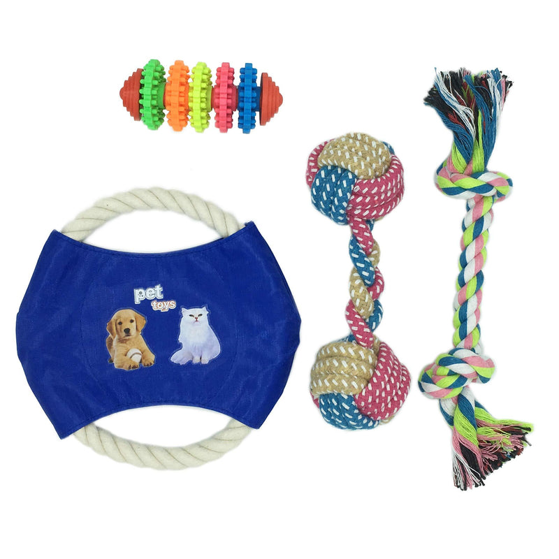 Dog Rope Toys Set, 4 Pieces of Pet Chew Rope Toys Including Frisbee, Rope Dumbbell, 4 gear rubber toy, Rope knot toy Puppy Toys for Small Medium Large Dogs - PawsPlanet Australia