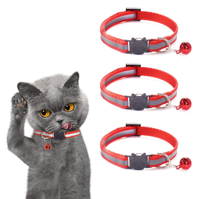 onehous Cat Collars Reflective Cat Collars 3 Pack with Quick Release Reflective Bell More Safety Buckle for Cats Puppy (Red) Red - PawsPlanet Australia