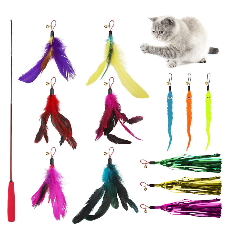 Cat Feather Toys,13 Pcs Interactive Retractable Cat Teaser Wand with Bells,12 Funny Feather Worm Colorful Ribbons Toys Refills with 3 Styles for Indoor Cats Interaction - PawsPlanet Australia