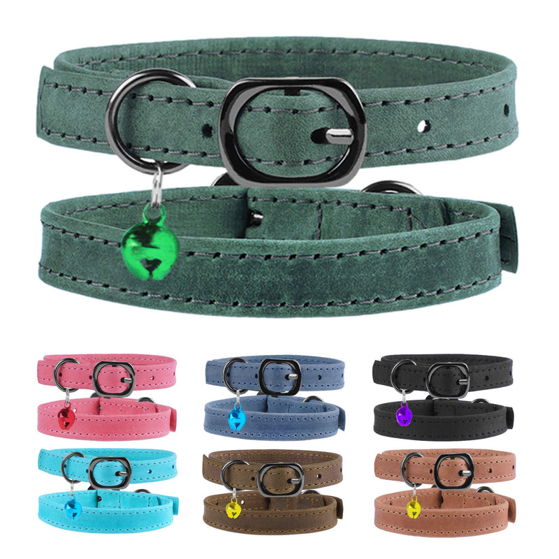 Murom Leather Cat Collar with Bell Adjustable Small Pet Kitten Collars Black Brown Pink Blue (Green) Green - PawsPlanet Australia