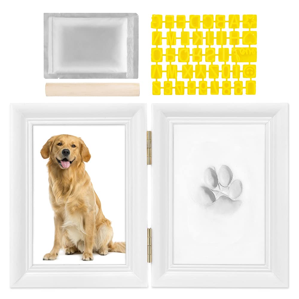 SlowTon Pet Memorial Photo Frame, Hand and Foot Print Keepsake Kit, Pawprint Making Kits with Non-toxic Ink Pad and Small Wooden Stick for Pressing, DIY Tools with Letter and Number Templates White DIY with Paw Print - PawsPlanet Australia