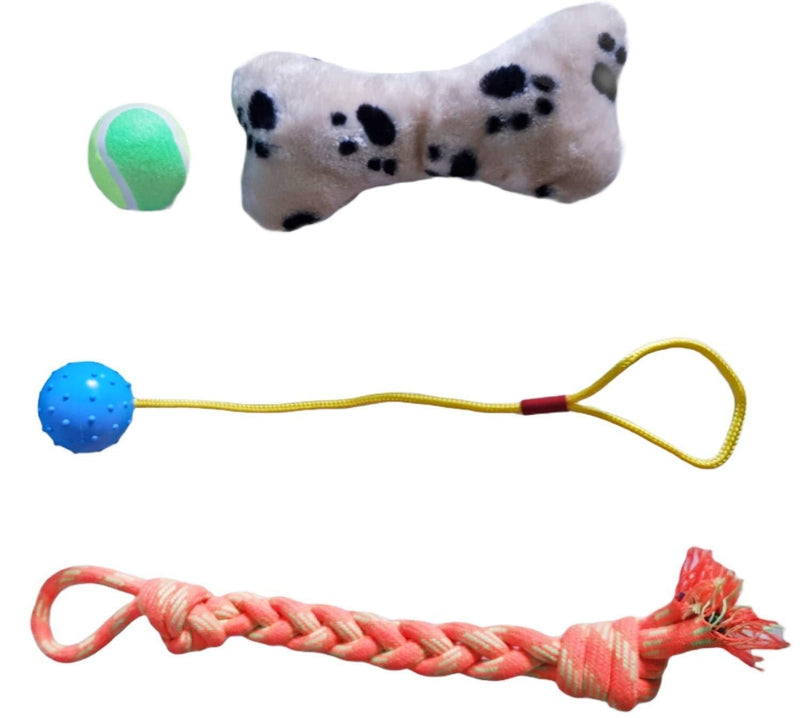 SPENSTORE Dog Toys Set of 4 PCS Puppy Boredom Teething Anxiety Exercise Rope Tug Toy Ball Pimple Ball Sqeaky Plush Bone - PawsPlanet Australia