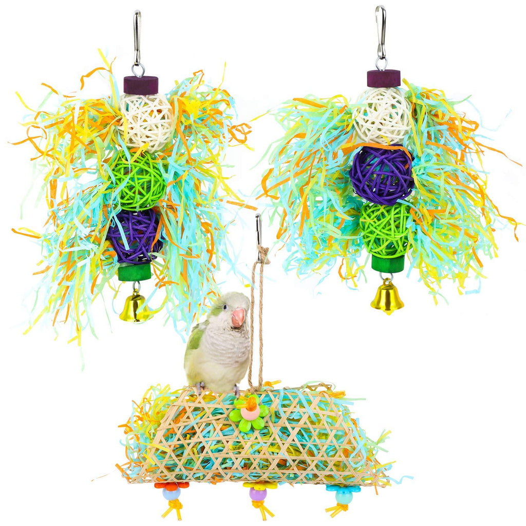 FADACAI 3 Pcs Bird Chewing Toys Parrot Shredder Toy Bird Loofah Toys Foraging Hanging Toy Nest Perch with Wooden Ratten Balls Bells Paper Slips Cage Accessories for Cockatiel Parrotlets Lovebirds - PawsPlanet Australia