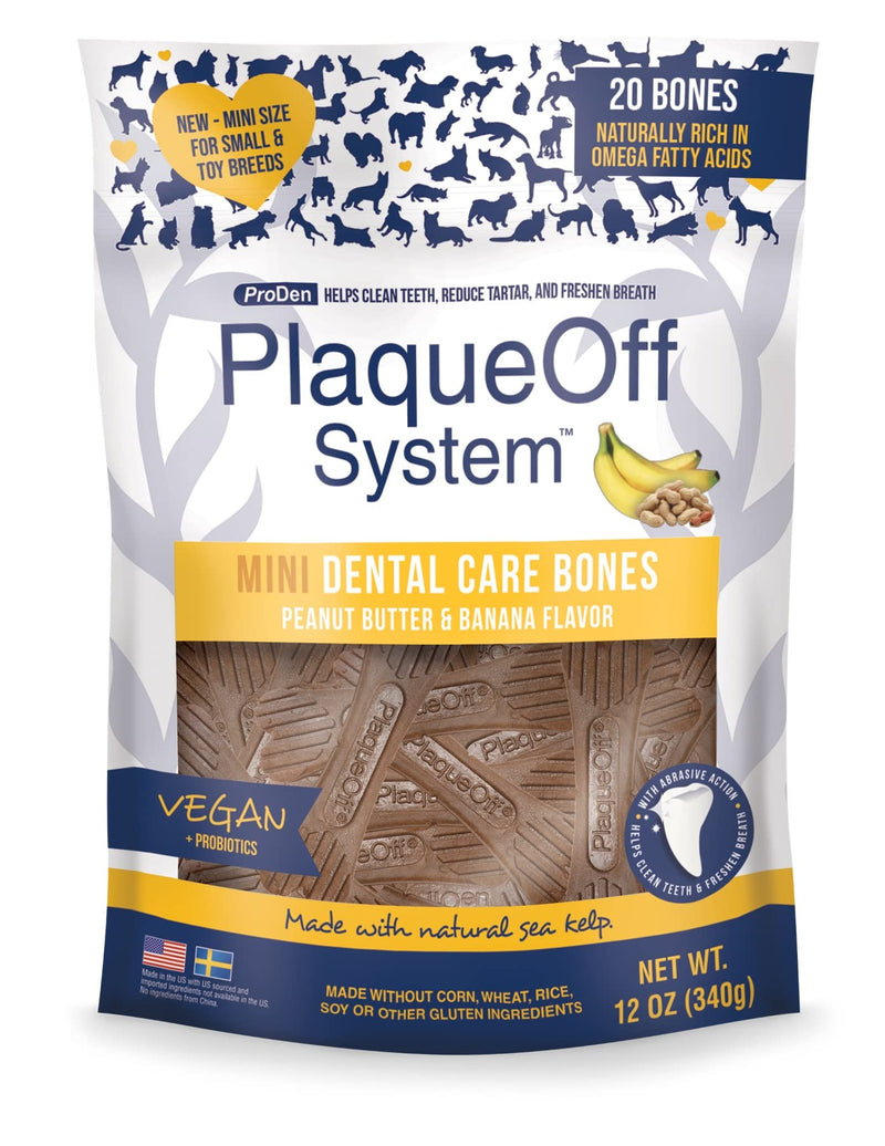 ProDen PlaqueOff Mini Dental Bones Peanut Butter & Banana (20 Pack - 340 g) for Small and Toy Dogs 340 g (Pack of 20) - PawsPlanet Australia