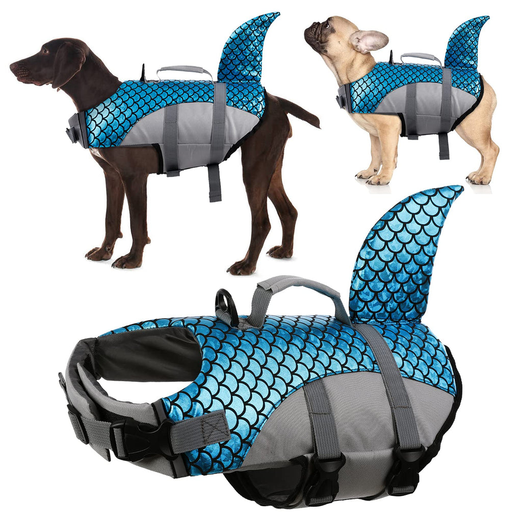 Kuoser Dog Life Jacket Vest High Floatation, Shark Shape Fish Scales Dog Swimsuit Pet Safety Vest with Easy Grab Rescue Handle & D-ring Buckle, Dog Life Preserver for Swimming Boating L-chest girth: 22.8"-29.5" Blue - PawsPlanet Australia