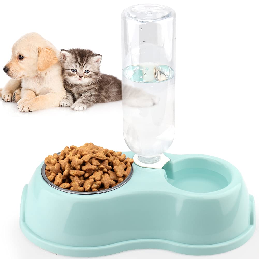 POOPHUNS Slowly Gravity Waterer, 2 in 1 Flowing Pet Water Dispenser with Stainless Steel Food Bowl, Double Water and Food Bowls for Small Pets with No Slip Base Non Tip Blue - PawsPlanet Australia