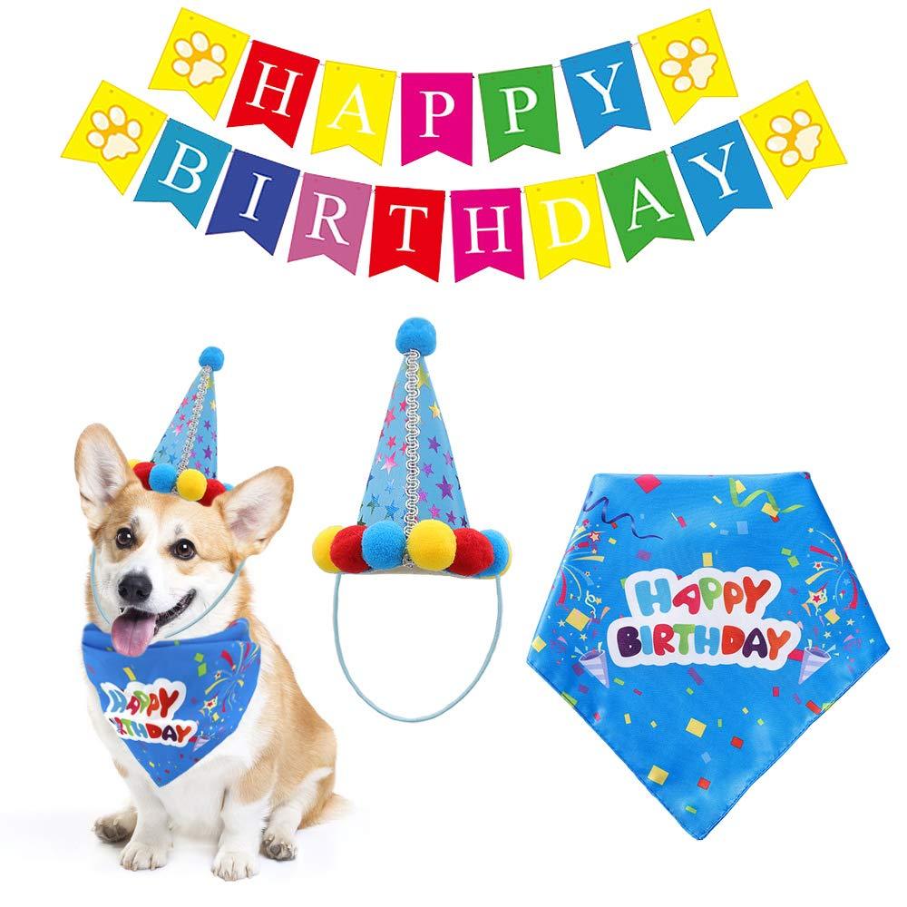 Skystuff Dog Birthday Cone Hat, Birthday Bandana and Birthday Banner for Pet Birthday Party, Pet Celebration Birthday Decoration, Pet Birthday Party Supplies - PawsPlanet Australia