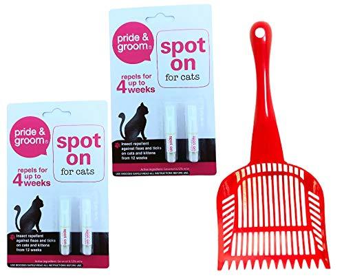 PSM 2 PACK OF Flea and tick treatment for cat powerful flea,tick,lice repellent,2 packs Spot On + litter scoop,poop scoop, pet litter pickers pet product,cat product (RED) red - PawsPlanet Australia