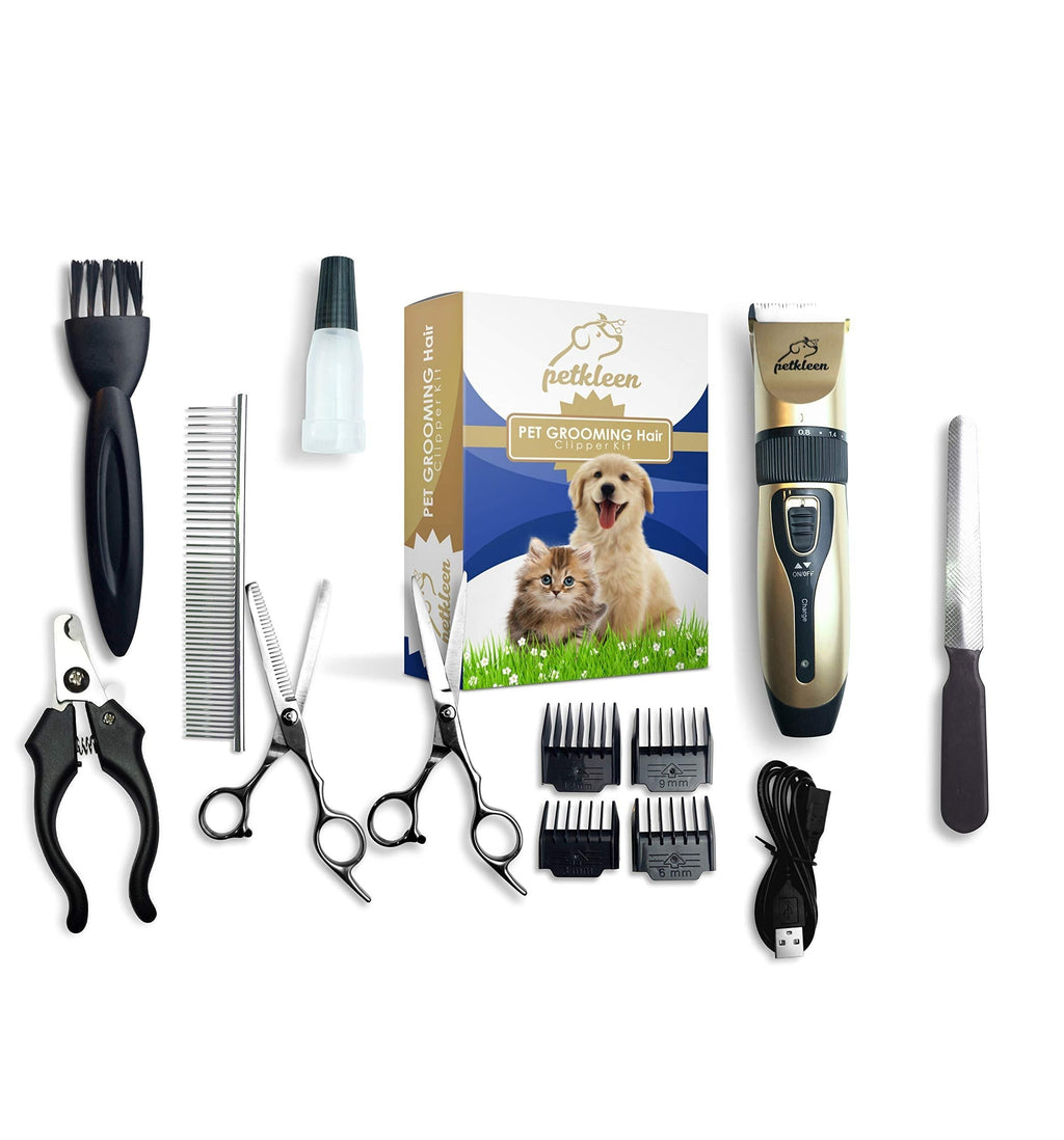 PetKleen Professional Pet Grooming Clippers Set with Stainless-Steel Scissors, 4 Comb Attachments, Nail Clippers, and File, 10 Pc Set, Low Noise Precision Trimmer for Dogs and Cats - PawsPlanet Australia