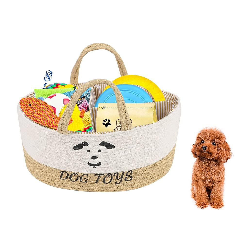 SABAN Dog Toy Box, Personalised Dog Toy Box, Dog Toy Basket, Box for Dog Toys, Dog Toy Box Storage, Storage Box Chest Organizer for Dog Toys - with Wooden Handle - Rectangle - Brown & white 38x26x18cm - PawsPlanet Australia