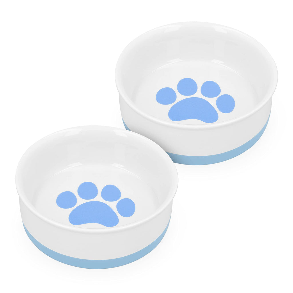 Navaris Porcelain Cat Bowls (Set of 2) - 15cm Food and Water Bowl Dishes for Pet Cats and More - With Non-Slip Silicone Bottom - Blue Paw Design - PawsPlanet Australia
