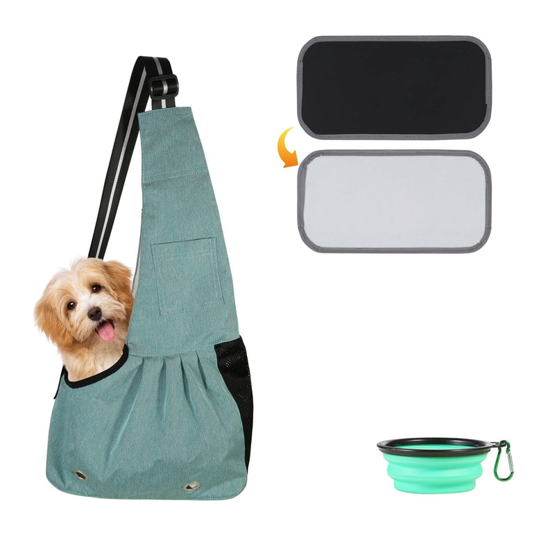 SLSON Pet Sling Carrier Hands-free Sling Pet Dog Cat Carrier Bag with Adjustable Shoulder for Cat and Small Dog Outdoor and Travelling, comes with Collapsible Dog Bowl, Small Size, Green - PawsPlanet Australia