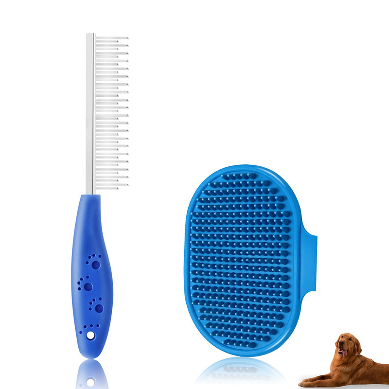 PHINGEER Dog Shedding Comb with Handle, Pet Washing Rubber Brush, Dog Grooming Set for Medium and Long Haired（2pc, Blue） - PawsPlanet Australia