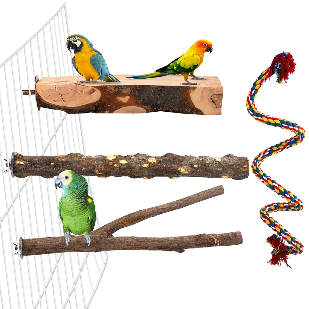 Aodaer 4 Pcs Wood Bird Perch Natural Wooden Parrot Perch Stand Platform Exercise Climbing Paw Grinding Toy Playground Accessory Comfy Perch Bird Rope for Parakeet, Conure, Cockatiel, Budgie, Lovebirds - PawsPlanet Australia