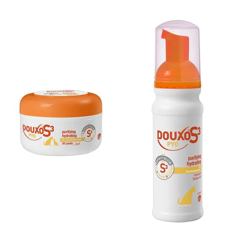 Douxo S3 Pyo Antiseptic Dog and Cat Skin Care Pads (30 pads) with Mousse, 150ml with Shampoo, 200 ml - PawsPlanet Australia