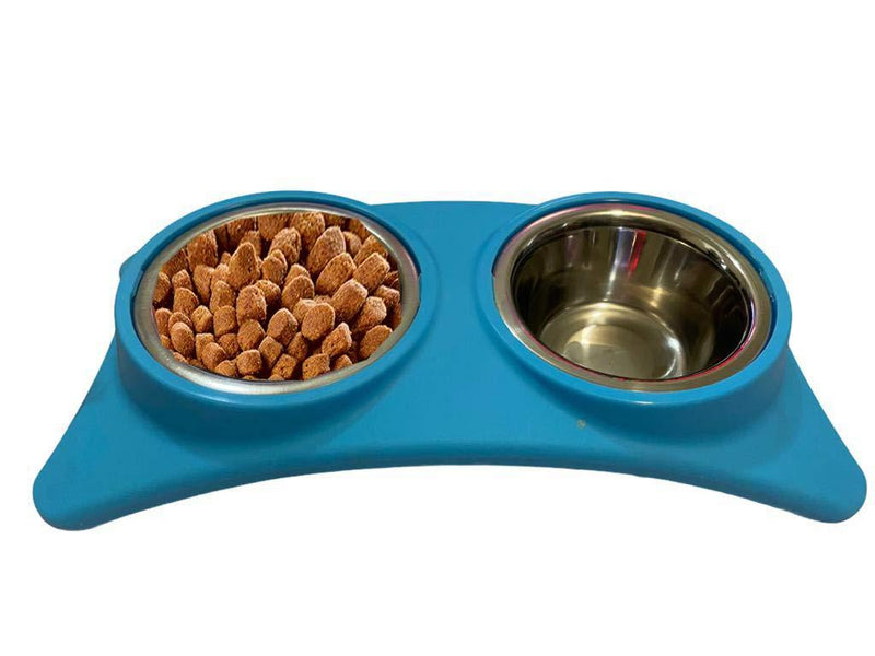Cat & Dog Pet Double Bowl Food and Water Steel Bowl With Plastic Holder Bowl for Puppies and Cat Kitten Double Diner Feeding Station 0.5 PT (Blue) Blue - PawsPlanet Australia