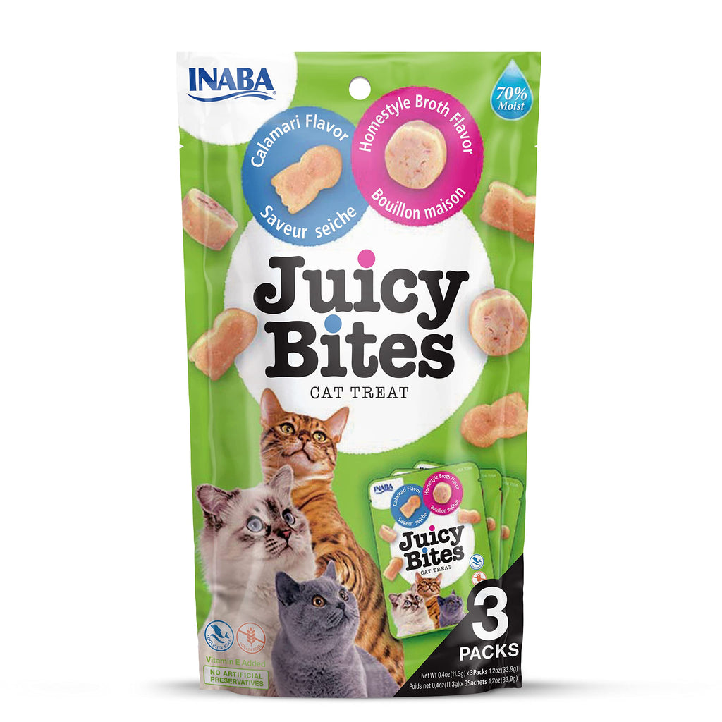 INABA Juicy Bites Cat Treats - nibbles with juicy core in fun shapes -Homestyle Broth & Calamari Flavor, Green Broth & Octopus - PawsPlanet Australia