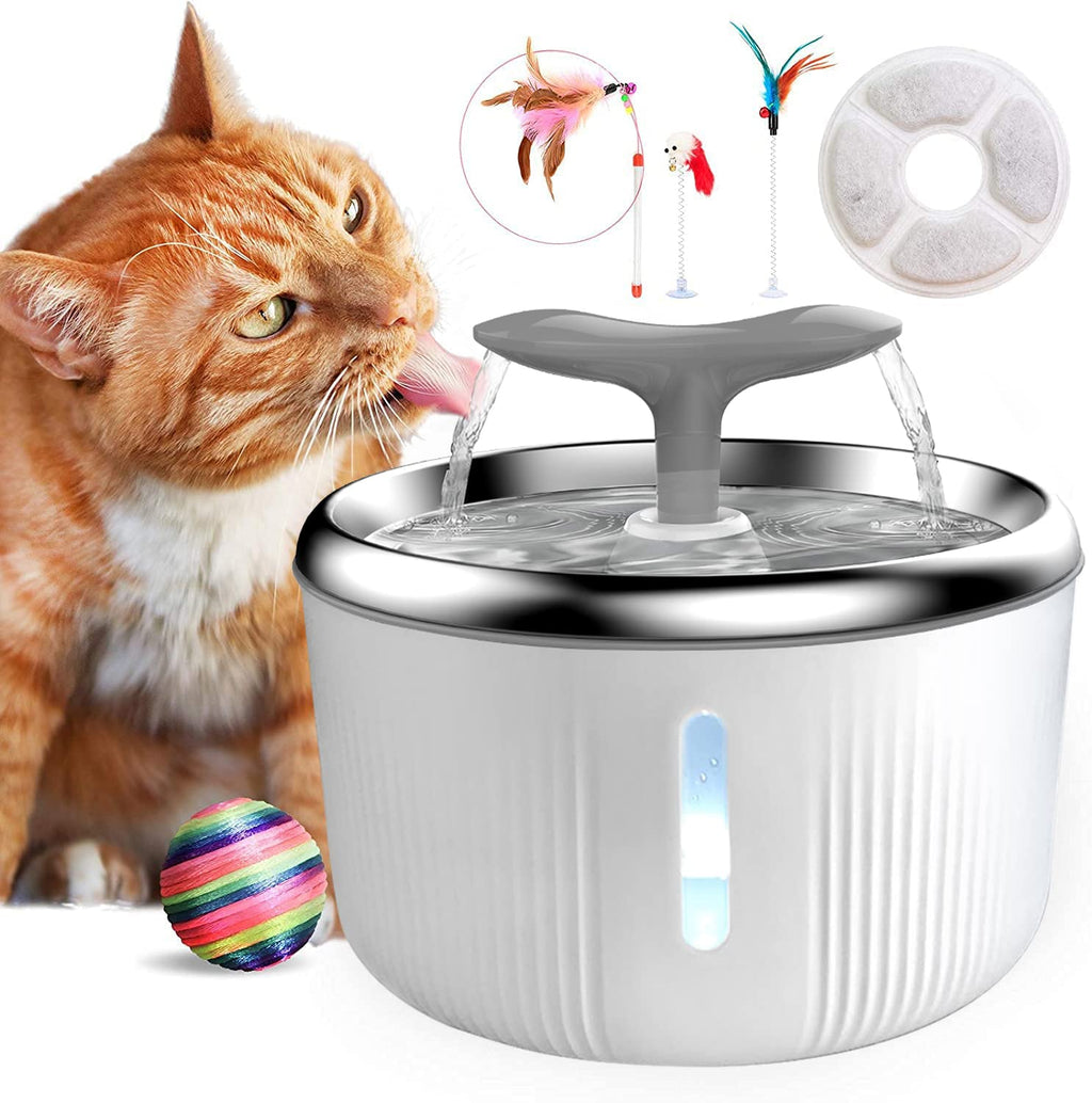 PewinGo Cat Water Fountain 2L Stainless Steel, Automatic Pet Water Fountain Super Quiet with 4 Pet Toys/Filter/LED Water Level Window, Automatic Drinking Water Bowl for Multiple Pets White and Silver Stainless Steel Top - PawsPlanet Australia