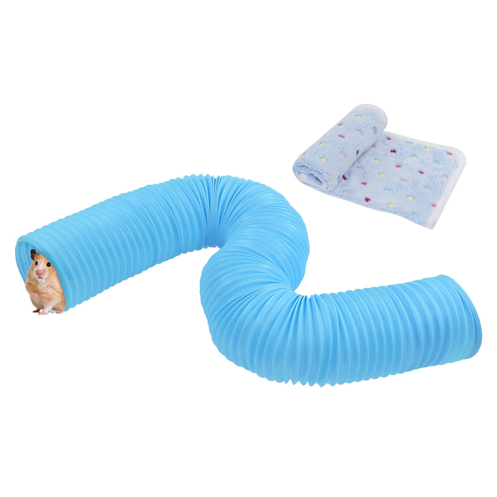 Andiker Hamster Tube and Fleece Blanket, Extendable Plastic Crinkle Small Animal Play Tunnel and Soft Fluffy Mat for Hamsters, Rats,Gerbils, Guinea Pigs, Chinchillas, Drawf Rabbits (Blue) Blue - PawsPlanet Australia