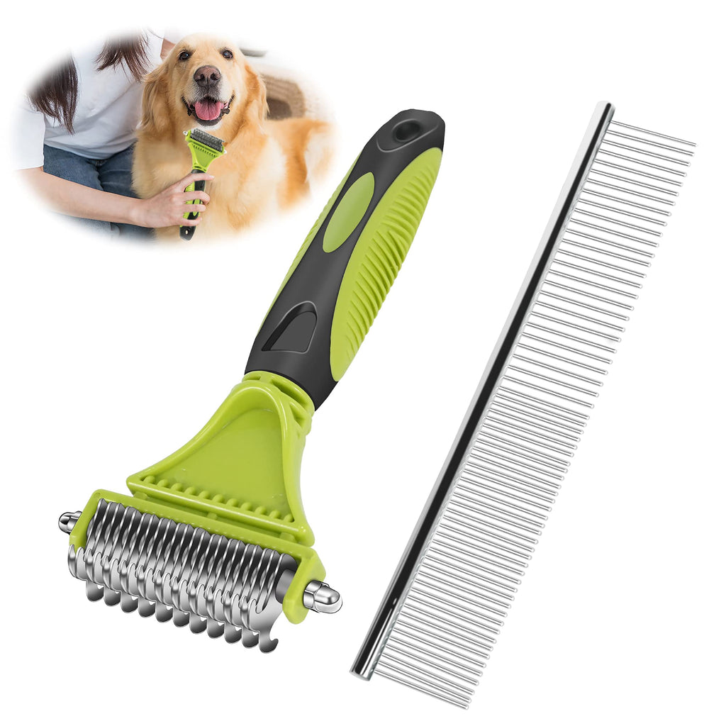EASTLION Pet Grooming Dematting Comb Tool Kit,12+23 Teeth Double Sided Blade Undercoat Rake Brush,Remove Loose Matts Tangled Short Long Hair for Small Medium Large Dogs Cats Horses(Green) Green - PawsPlanet Australia
