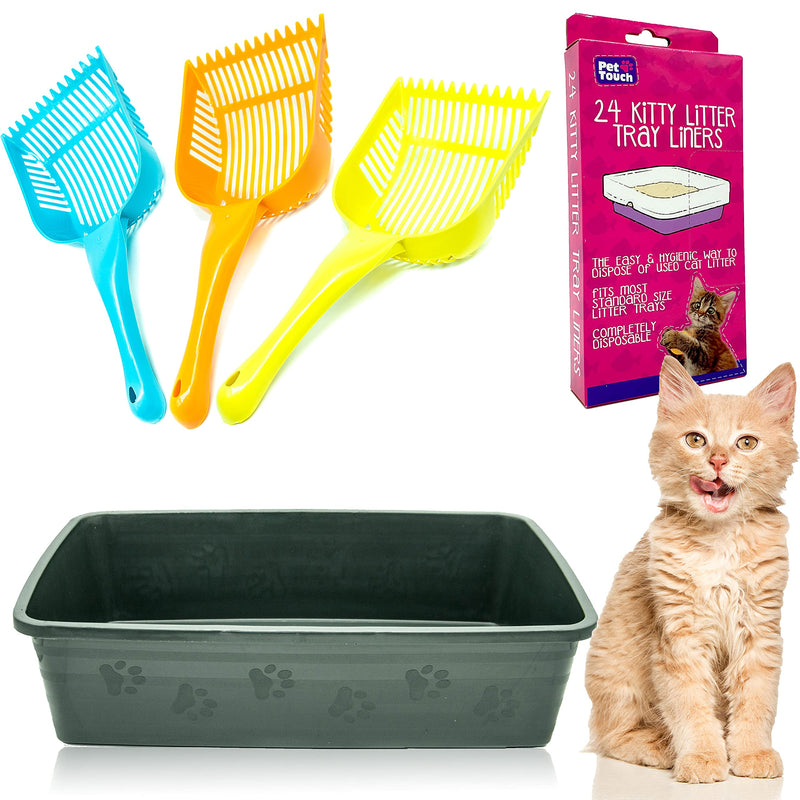Kitty Cat Essentials [Set of 3] CAT LITTER TRAY with 24 Kitty Cat Litter TRAYS LINERS and CAT LITTER SCOOP Assorted Bundle for Cat Litter Disposal (Cod Grey) Cod Grey - PawsPlanet Australia