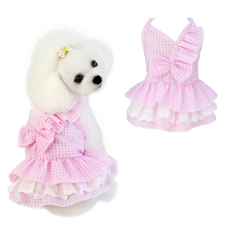 HACRAHO Dog Dresses, 1 PCS Pink Plaid Puppy Dog Princess Dresses Dog Princess Dress with Bowknot for Dog Apparel Summer, Chest Girth 16.54 inch L - PawsPlanet Australia