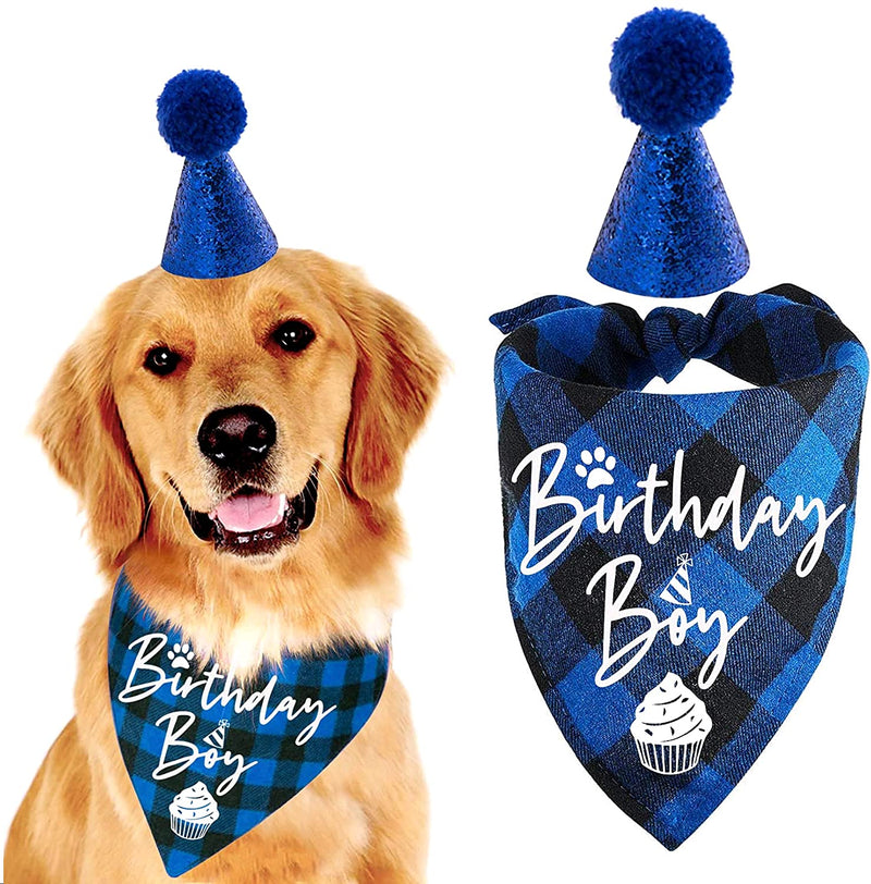 easycozy Classic Blue Plaid Pet Puppy Dog Bandana with Dog Birthday Party Hat Accessories, Boy Dog Birthday Bandana Scarf Bibs for Pet Birthday Outfit Party Supplies Set - PawsPlanet Australia