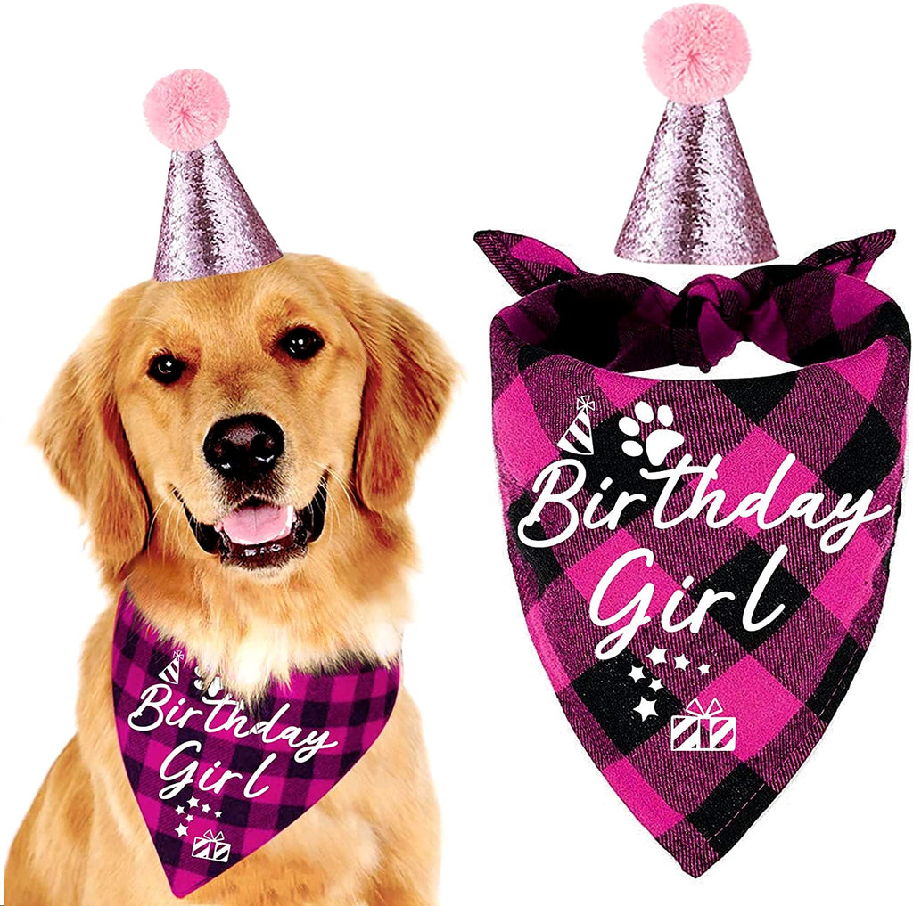 easycozy Classic Pink Plaid Pet Puppy Dog Bandana with Dog Birthday Party Hat Accessories, Girl Dog Birthday Bandana Scarf Bibs for Pet Birthday Outfit Party Supplies Set - PawsPlanet Australia