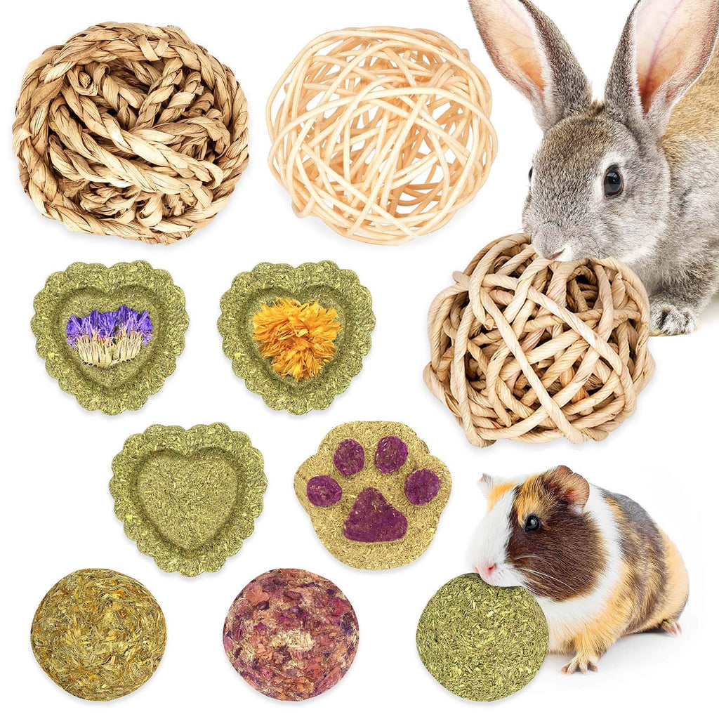 Bunny Chew Toys for Teeth, Bunny Toys for Rabbits, Rabbit Toys Treats for Bunny, 10PCS Natural Timothy Grass Small Animal Molar Grass Cake and Ball for Rabbit, Chinchilla, Guinea Pig, Hamster - PawsPlanet Australia