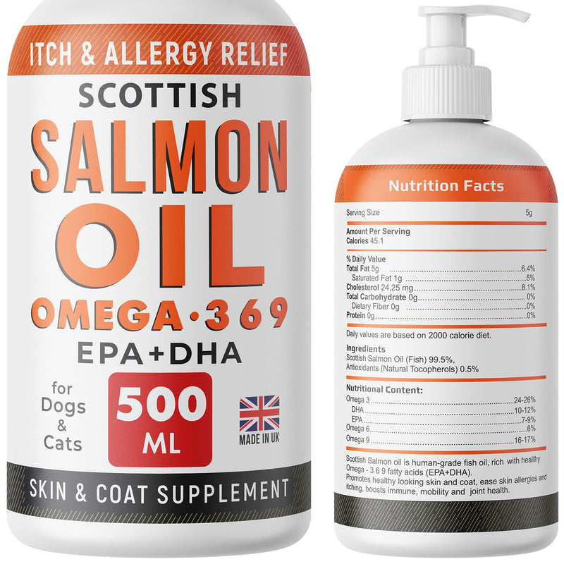 Salmon Oil Omega 3 for Dogs and Cats - 500ml Fish Oil for Pets - Joint Health - Allergy, Itch, Shedding - Skin and Coat Supplement – Scottish Salmon Oil - Omega 3 6 9 - EPA & DHA Fatty Acids 500 ml (Pack of 1) - PawsPlanet Australia