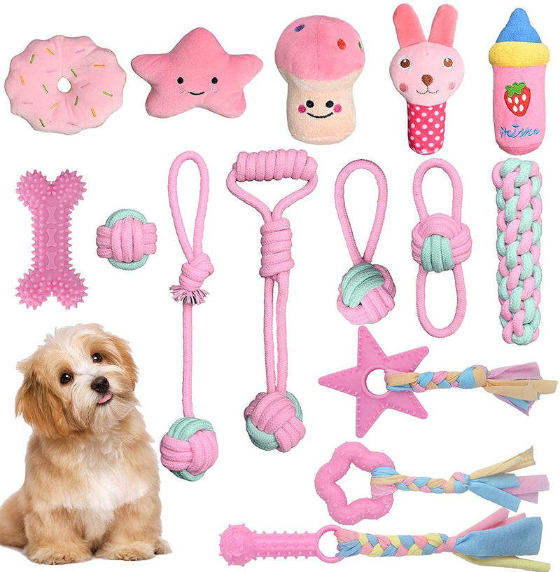 15 Packs Puppy Toys Squeaky Toys Macaron Color Dog Rope Toys Puppy Rope Toy Sets for Puppy Toys for Small and Medium Dog Pink - PawsPlanet Australia